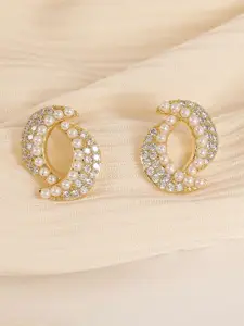 KRENOZ Gold-Plated Crystals Studded & Pearls Beaded Contemporary Stud