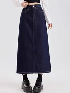 StyleCast x Revolte Denim Back-Slit Straight Midi Skirt