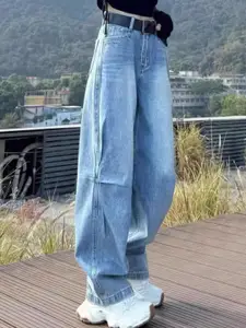 StyleCast Women Comfort Wide Leg High-Rise Mildly Distressed Stretchable Jeans