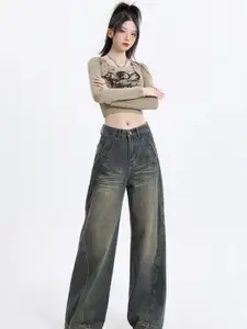 StyleCast Women Comfort Wide Leg High-Rise Mildly Distressed Light Fade Stretchable Jeans
