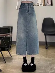 StyleCast x Revolte Denim Front-Slit Straight Midi Skirt