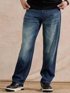 WROGN Men Comfort Wide Leg Mid-Rise Low Distress Heavy Fade Cotton Jeans