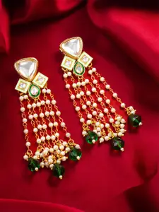 aadita Gold-Plated Kundan Studded And Pearls Beaded Tasselled Contemporary Drop Earrings