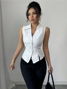 StyleCast Women Horizontal Stripes Sleeveless Shirt Style Regular Top