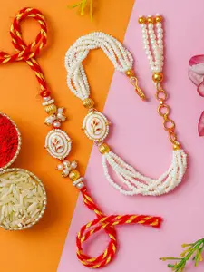 ahoora Set Of 2 Kundan Studded & Pearls Beaded Bhaiya Bhabhi Bracelet Rakhi Roli Chawal