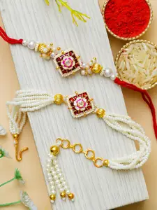ahoora Set Of 2 Kundan Studded & Pearls Beaded Bhaiya Bhabhi Bracelet Rakhi Roli Chawal