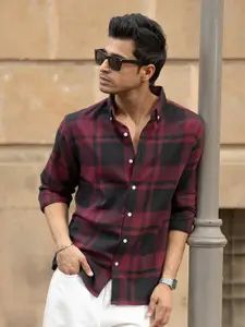 Powerlook Men Tartan Checked Button-Down Collar Casual Shirt