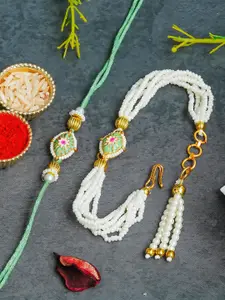 ahoora Set Of 2 Kundan Studded & Pearls Beaded Bhaiya Bhabhi Bracelet Rakhi Roli Chawal