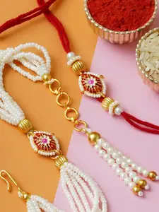 ahoora Set Of 2 Kundan Studded & Pearls Beaded Bhaiya Bhabhi Bracelet Rakhi Roli Chawal