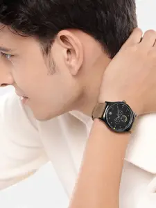 WROGN Men Brass Printed Dial & Leather Straps Analogue Multi Function Watch