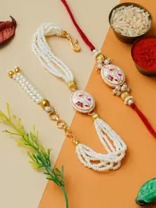 ahoora Set Of 2 Kundan Studded & Pearls Beaded Bhaiya Bhabhi Bracelet Rakhi Roli Chawal