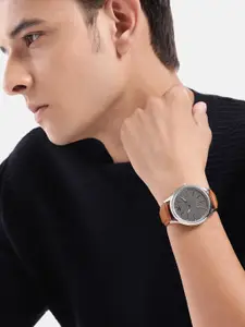 WROGN Men Brass Dial & Leather Straps Analogue Chronograph Watch