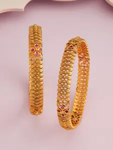 Kushal's Fashion Jewellery Set Of 2 Ruby Gold-Plated Ethnic Antique Bangles