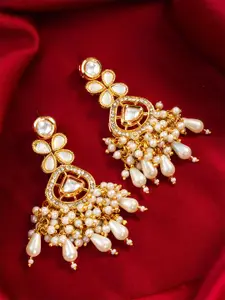 aadita Gold-Plated Kundan Studded And Pearls Beaded Contemporary Drop Earrings