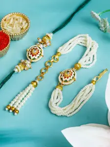 ahoora Set Of 2 Kundan Studded & Pearls Beaded Bhaiya Bhabhi Bracelet Rakhi Roli Chawal