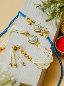 ahoora Set Of 2 Kundan Studded & Pearls Beaded Bhaiya Bhabhi Bracelet Rakhi Roli Chawal
