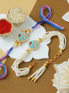 ahoora Set Of 2 Kundan Studded & Pearls Beaded Bhaiya Bhabhi Bracelet Rakhi Roli Chawal