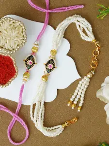 ahoora Set Of 2 Kundan Studded & Pearls Beaded Bhaiya Bhabhi Bracelet Rakhi Roli Chawal