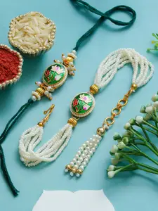 ahoora Set Of 2 Kundan Studded & Pearls Beaded Bhaiya Bhabhi Bracelet Rakhi Roli Chawal