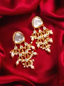 aadita Gold-Plated Kundan Studded And Pearls Beaded Contemporary Drop Earrings