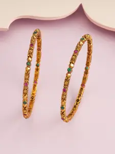 Kushal's Fashion Jewellery Set Of 2 Ruby-Green Gold-Plated Ethnic Antique Bangles