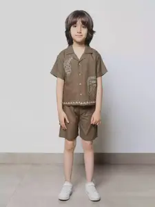 aon fashion Boys Embroidered Short Sleeves Pure Cotton Shirt With Shorts