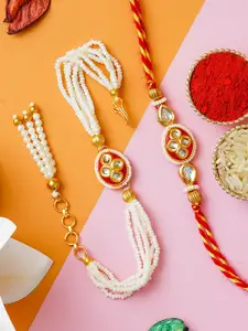 ahoora Set Of 2 Kundan Studded & Pearls Beaded Bhaiya Bhabhi Bracelet Rakhi Roli Chawal