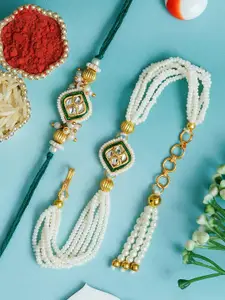 ahoora Set Of 2 Kundan Studded & Pearls Beaded Bhaiya Bhabhi Bracelet Rakhi Roli Chawal