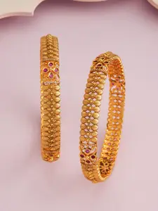 Kushal's Fashion Jewellery Set Of 2 Ruby Gold-Plated Ethnic Antique Bangles