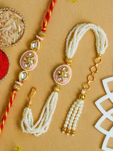 ahoora Set Of 2 Kundan Studded & Pearls Beaded Bhaiya Bhabhi Bracelet Rakhi Roli Chawal