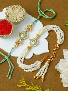 ahoora Set Of 2 Kundan Studded & Pearls Beaded Bhaiya Bhabhi Bracelet Rakhi Roli Chawal