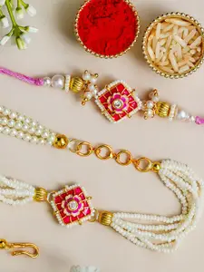 ahoora Set Of 2 Kundan Studded & Pearls Beaded Bhaiya Bhabhi Bracelet Rakhi Roli Chawal