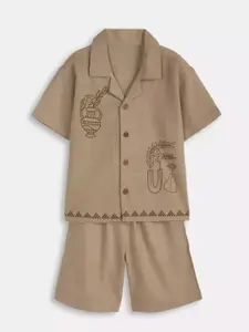 Jiya Fashion Boys Embroidered Short Sleeves Pure Cotton Shirt With Shorts