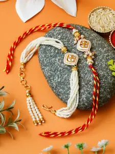 ahoora Set Of 2 Kundan Studded & Pearls Beaded Bhaiya Bhabhi Bracelet Rakhi Roli Chawal