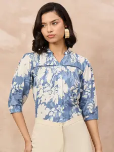all about you Women Floral Printed Mandarin Collar Puff Sleeve Cotton Regular Top