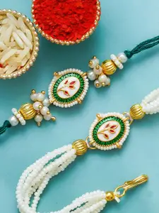 ahoora Set Of 2 Kundan Studded & Pearls Beaded Bhaiya Bhabhi Bracelet Rakhi Roli Chawal