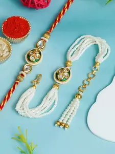 ahoora Set Of 2 Kundan Studded & Pearls Beaded Bhaiya Bhabhi Bracelet Rakhi Roli Chawal