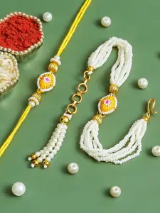 ahoora Set Of 2 Kundan Studded & Pearls Beaded Bhaiya Bhabhi Bracelet Rakhi Roli Chawal