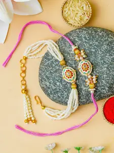 ahoora Set Of 2 Kundan Studded & Pearls Beaded Bhaiya Bhabhi Bracelet Rakhi Roli Chawal