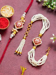 ahoora Set Of 2 Kundan Studded & Pearls Beaded Bhaiya Bhabhi Bracelet Rakhi Roli Chawal