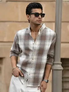 Powerlook Men Tartan Checked Button-Down Collar Cotton Casual Shirt