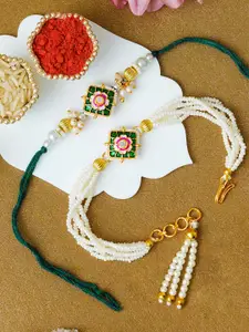 ahoora Set Of 2 Kundan Studded & Pearls Beaded Bhaiya Bhabhi Bracelet Rakhi Roli Chawal