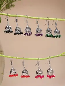 Sangria Set Of 5 German Silver-Plated Artificial Beaded Oxidised Dome Shaped Jhumkas