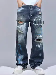 StyleCast x Revolte Men Straight Fit Mid-Rise Highly Distressed Light Fade Printed Jeans