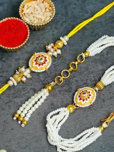 ahoora Set Of 2 Kundan Studded & Pearls Beaded Bhaiya Bhabhi Bracelet Rakhi Roli Chawal