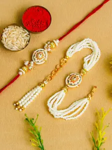 ahoora Set Of 2 Kundan Studded & Pearls Beaded Bhaiya Bhabhi Bracelet Rakhi Roli Chawal