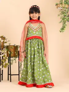 Cutiekins Girls Floral Printed Cotton Gota Patti Ready to Wear Lehenga, Choli With Dupatta