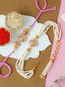 ahoora Set Of 2 Kundan Studded & Pearls Beaded Bhaiya Bhabhi Bracelet Rakhi Roli Chawal