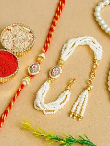 ahoora Set Of 2 Kundan Studded & Pearls Beaded Bhaiya Bhabhi Bracelet Rakhi Roli Chawal