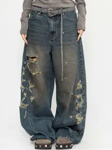 StyleCast x Revolte Men Wide Leg Mid-Rise Mildly Distressed Light Fade Jeans